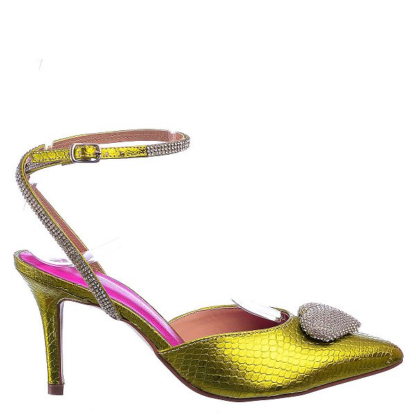 Scarpin Feminino Allana Salto Fino Coração Metal Like A Shine Specchio Brand Verde