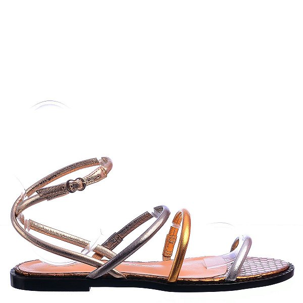 Sandália Feminina Rasteira Tiras Metal Color Luiza Barcelos Bronze