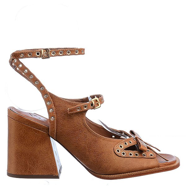 Sandália Feminina Salto Bloco Ilhós Laço Vicenza Camel