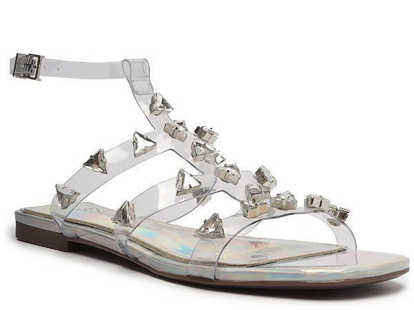 Sandália Feminina Holográfica Aplicações Vinil Glam SS24 Schutz Prata