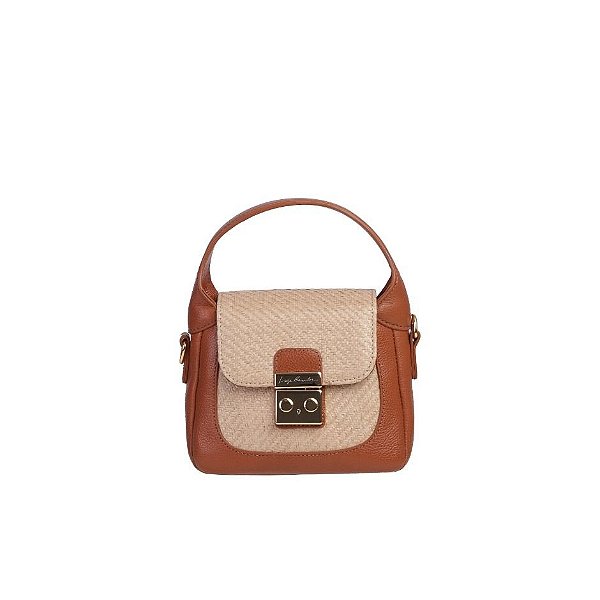 Bolsa Feminina Pequena Couro Alça Mão Palha Fecho Luiza Bercelos Camel