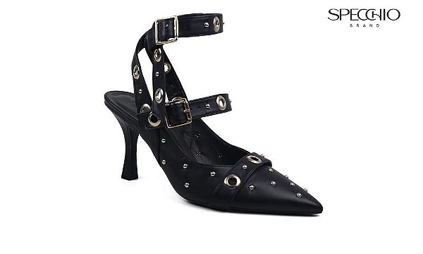 Scarpin Feminino Marília Fivela Ilhós Raio de Sol Specchio Brand Preto