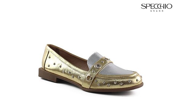 Mocassim Feminino Lolla Chrome Ilhós Raio de Sol Specchio Brand Dourado