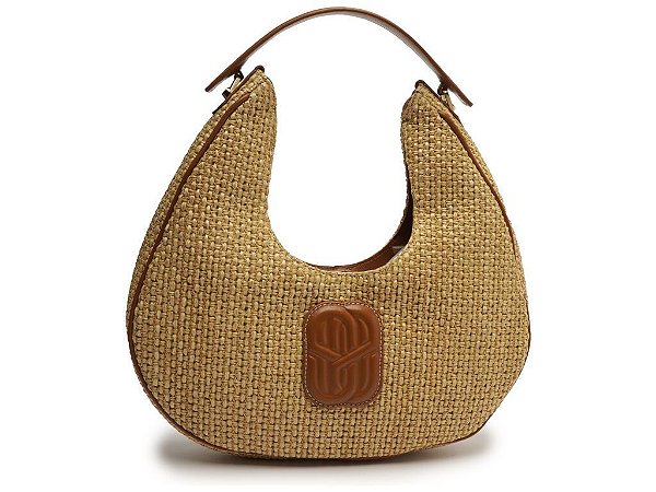 Bolsa Feminina Média Meia Lua Palha Tramada Alça Logo SS24 Schutz Camel