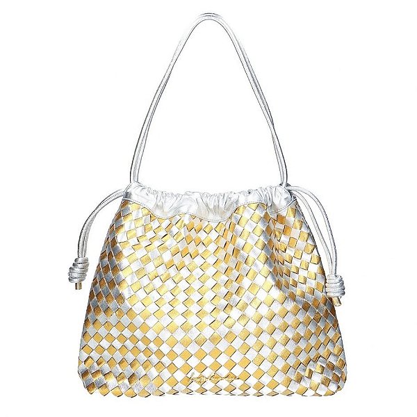 Bolsa Grande Tressê Couro Luiza Bracelos Prata e Dourado