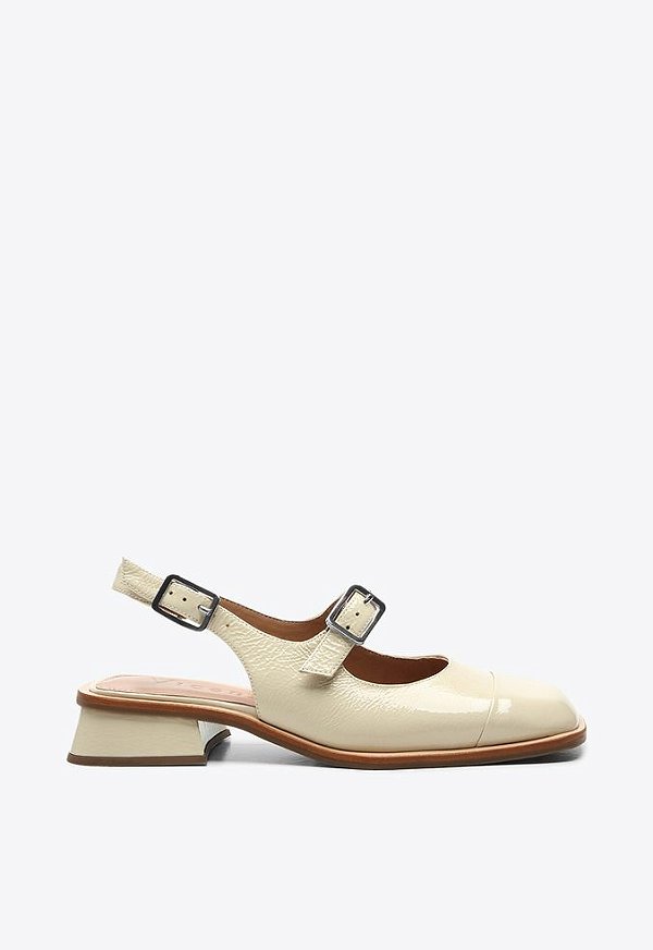 Scarpin Slingback Salto Bloco Baixo Verniz Fivelas Vicenza Off White