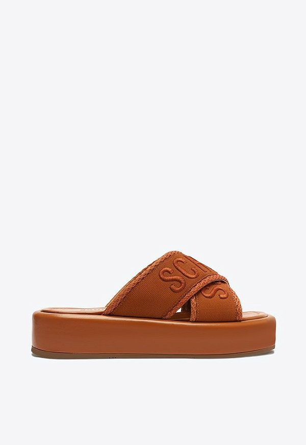 Chinelo Slide Plataforma Tecido X Schutz Marrom