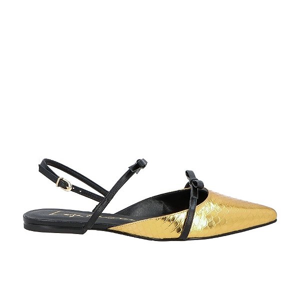 Sapatilha Bico Fino Slingback Laços Fivela Luiza Barcelos Dourado