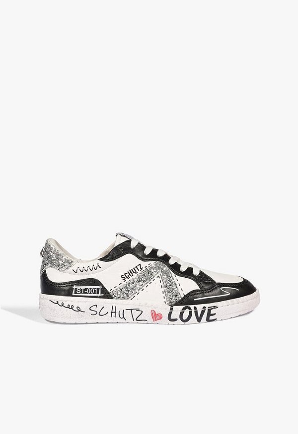 Tênis Couro Cadarço ST-001 Brilhos Grafite Bicolor Schutz Branco