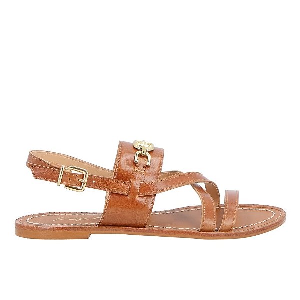 Rasteira Couro Tiras Alça Fivela Logomania Luiza Barcelos Camel