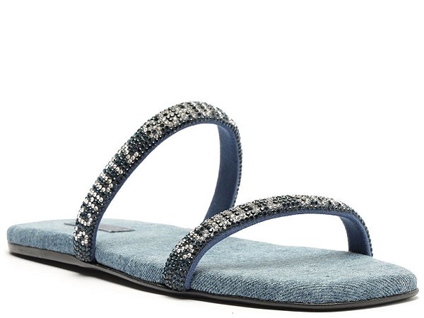 Sandália Rasteira Tiras Strass Logo Jeans Schutz Azul