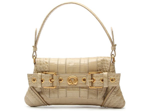 Bolsa Média Croco Alça Corrente Fivelas Zíper Logomania Vicenza Bege