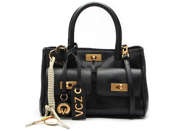 Bolsa Pequena Couro Alça Fina Duplo Bolso Adereços Vicenza Preto