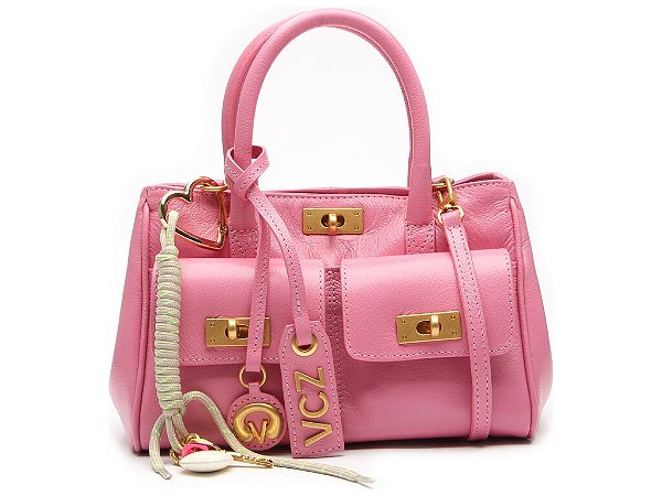 Bolsa Pequena Couro Alça Fina Duplo Bolso Adereços Vicenza Rosa