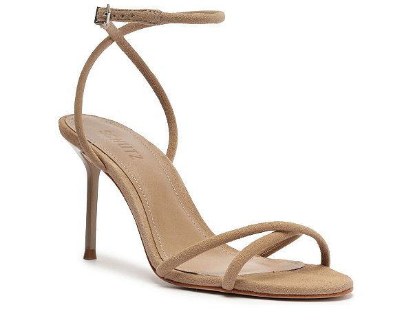 Sandália Salto Alto Camurça Tiras Fivela Amarração Schutz Camel