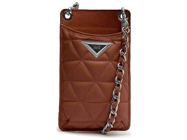 Porta Celular Couro Metalassê Alça Fina Corrente Logo Schutz Marrom