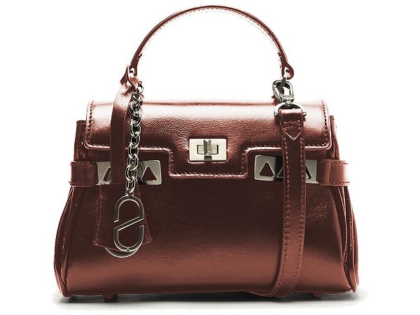 Bolsa Feminina Pequena Total Couro Tachas Chaveiro Schutz Marrom
