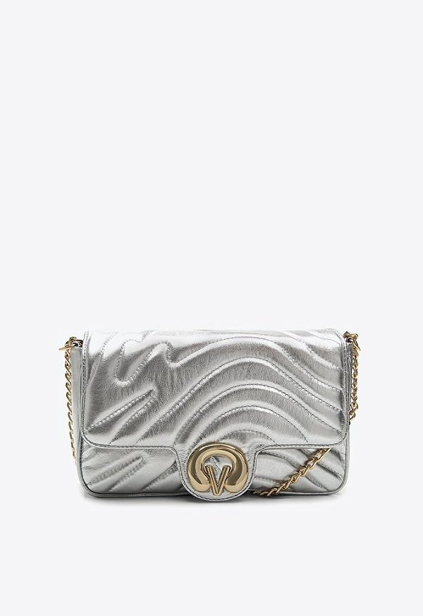 Bolsa Feminina Média Couro Alça Corrente Logomania Metalcolor Vicenza Prata