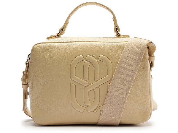 Bolsa Feminina Média Couro Alça Tecido Logomania Schutz Bege