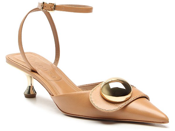 Scarpin Slingback Salto Taça Fivela Aplicação Vicenza Camel