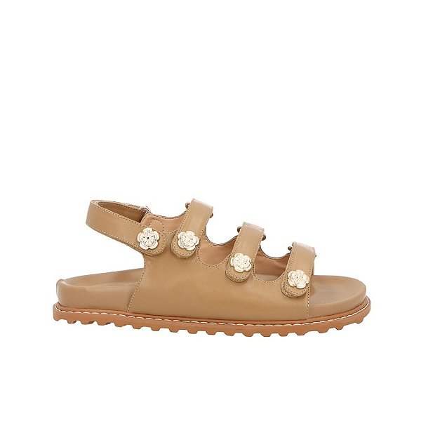 Papete Feminina Couro Tiras Velcro Ilhós Luiza Barcelos Camel