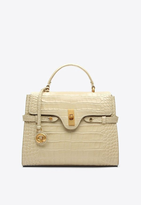 Bolsa Feminina Média Couro Alça Fina Croco Logomania Vicenza Bege