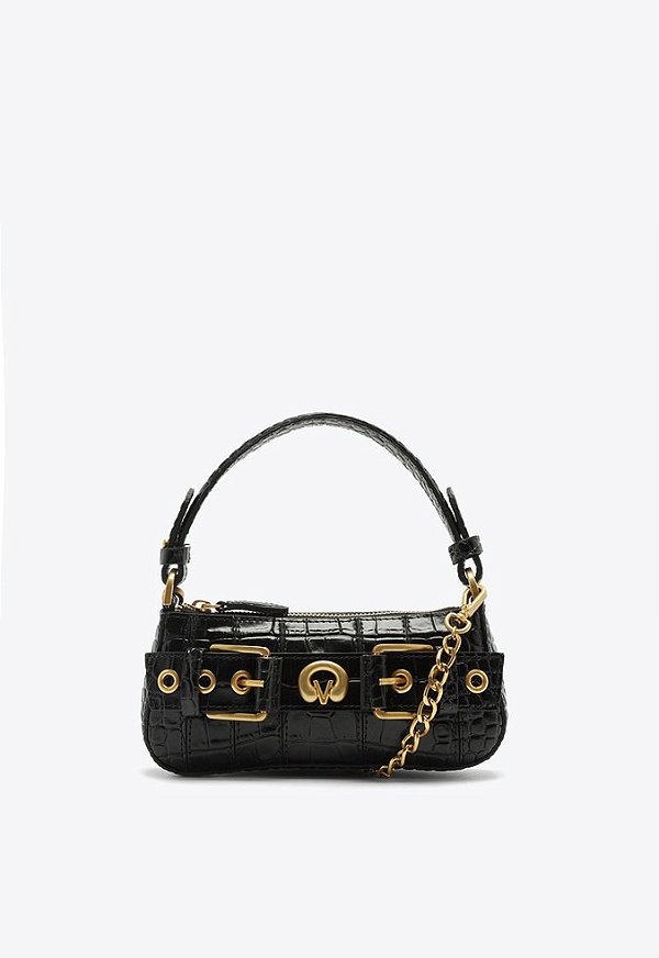 Bolsa Pequena Croco Alça Corrente Fivelas Logomania Vicenza Preto