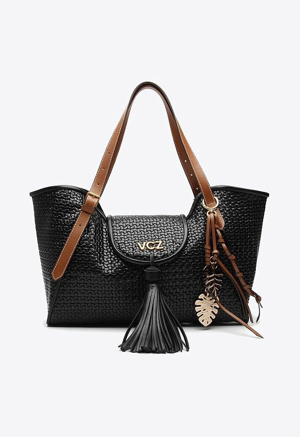 Bolsa Feminina Grande Tote Thais Couro Adereços Logo Vicenza Preto
