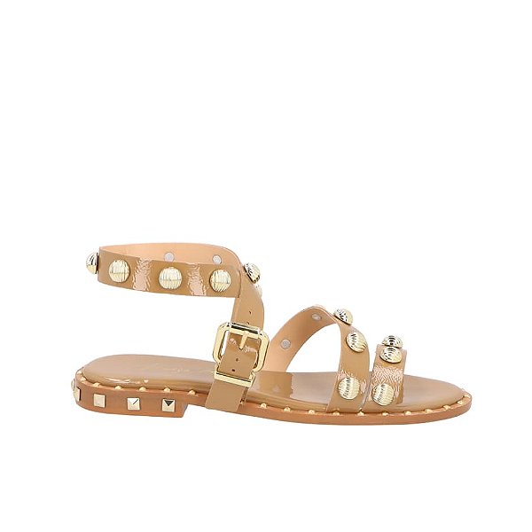 Rasteira Tiras Ilhós Fivela Verniz Luiza Barcelos Camel