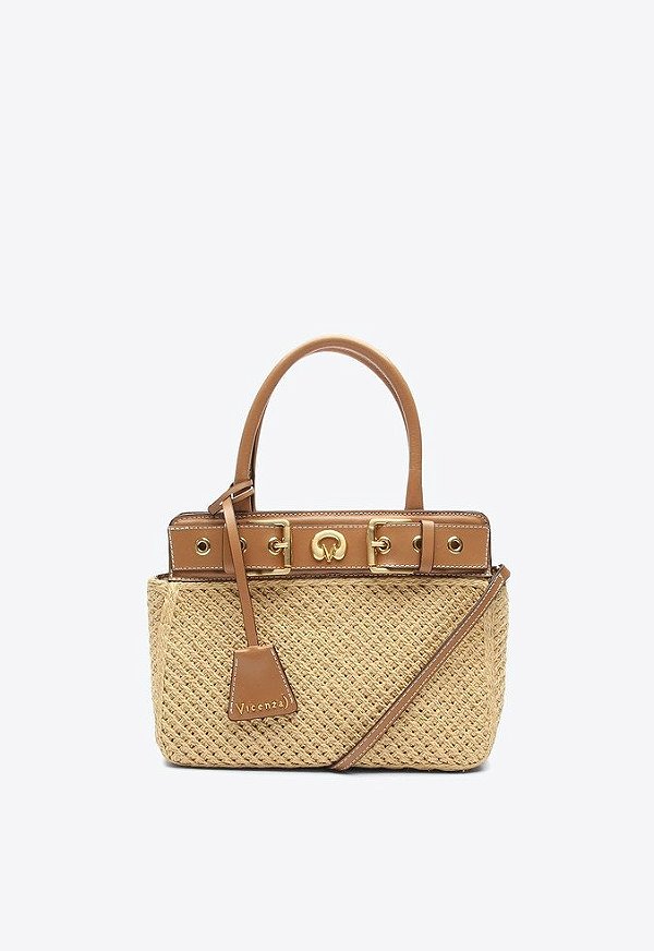 Bolsa Feminina Pequena Lien Dupla Alça Palha Fivelas Vicenza Camel