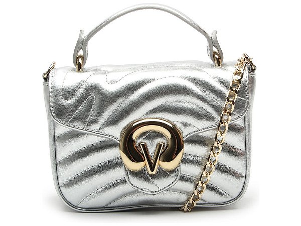 Bolsa Feminina Pequena Couro Dupla Alça Logomania Corrente Vicenza Prata