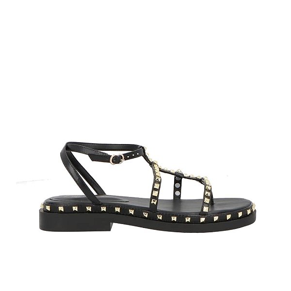 Sandália Salto Baixo Tiras Fivela Spikes Luiza Barcelos Preto