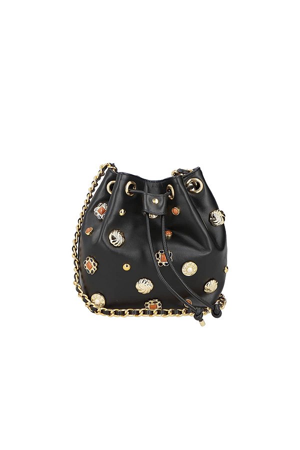 Bolsa Feminina Pequena Bucket Couro Alça Corrente Ilhós Luiza Barcelos Preto