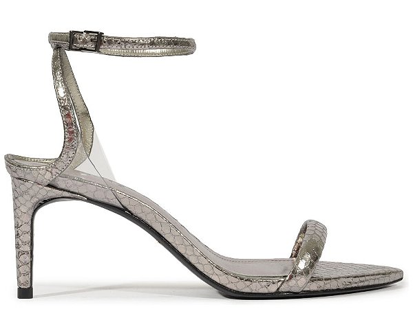 Sandália Salto Médio Bico Folha Cobra Tira Metalcolor Schutz Chumbo