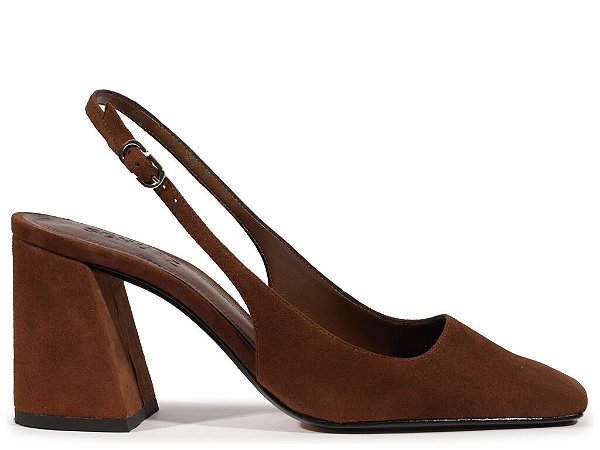Scarpin Salto Bloco Bico Quadrado Camurça Slingback Schutz Marrom