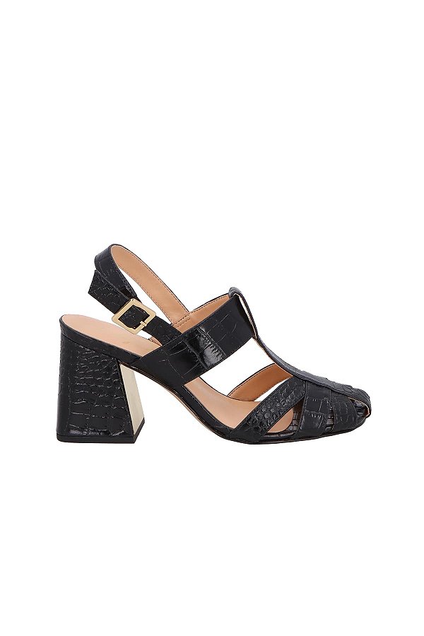 Sandália Salto Bloco Tiras Croco Fivela Luiza Barcelos Preto