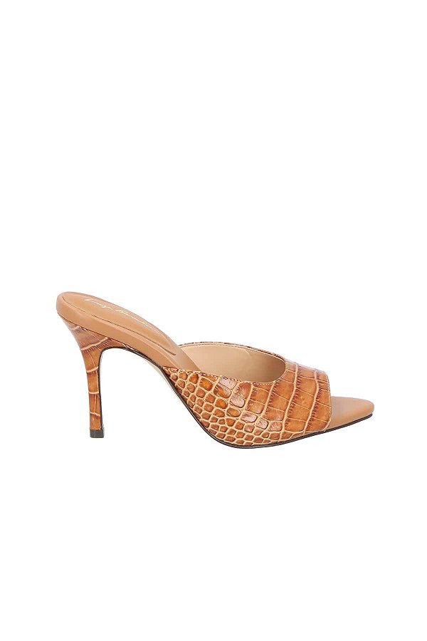 Mule Salto Alto Peep Toe Couro Croco Luiza Barcelos Camel