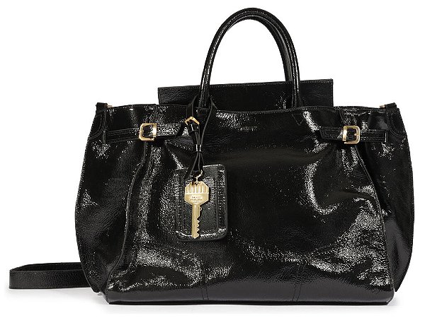 Bolsa Tote Media Couro Croco Tiras Fivelas Schutz Preta
