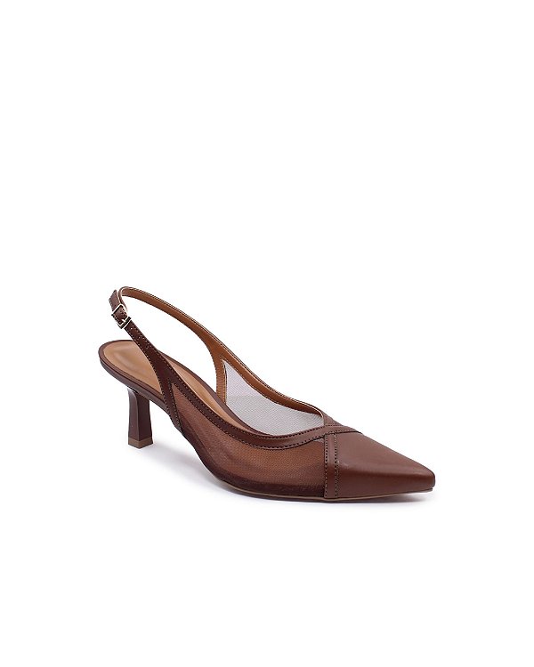 Scarpin Bianca Bico Fino Slingback Tela Bruma Specchio Brand