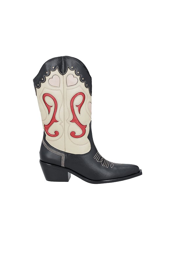Bota Western Salto Couro Costura Luiza Barcelos Preto