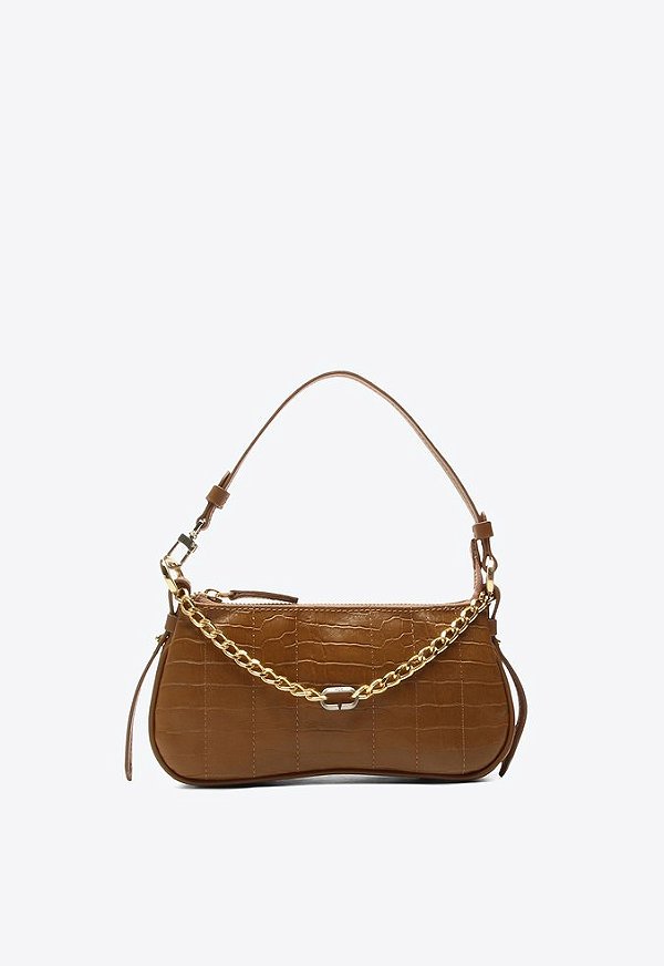 Bolsa Feminina Pequena Shoulder Vick Couro Croco Corrente Vicenza Camel
