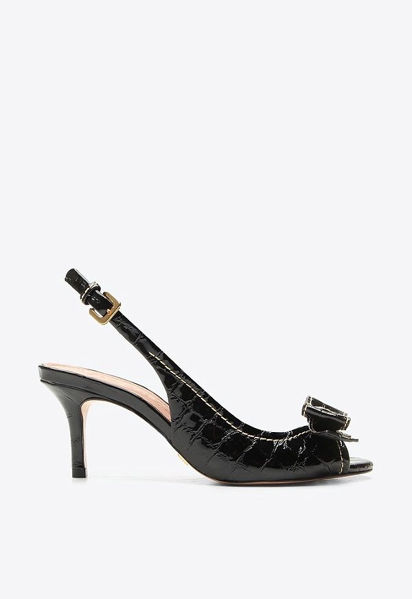 Sandalia Alison Couro Croco Verniz Laço Salto Tira Fivela Vicenza Preto