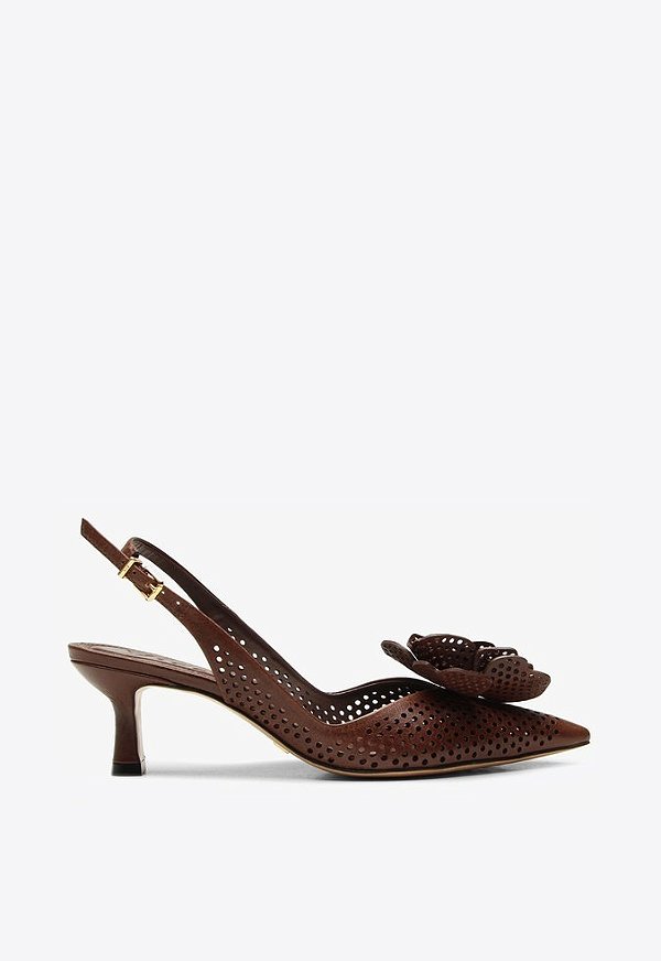 Scarpin Bella Sligback Flor Couro Salto Agulha Vicenza Marrom