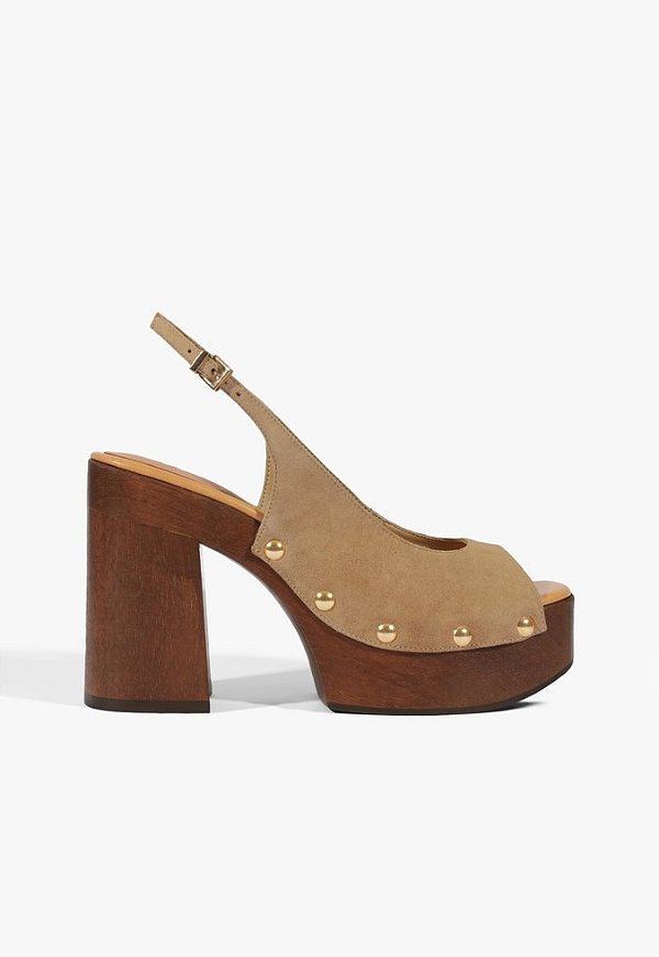 Tamanco Rose Salto Alto Slingback Camurça Rebite Schutz Bege
