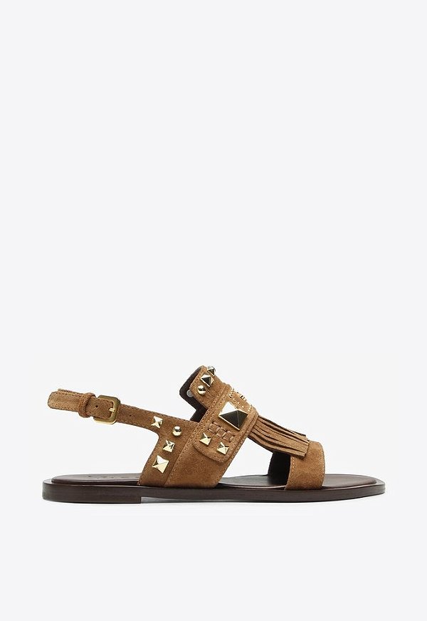 Rasteira Flat Haia Franja Camurça Vicenza Camel