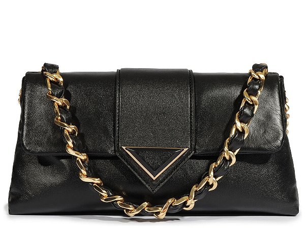 Bolsa Pequena Couro Shoulder Triangulo Alça Corrente Schutz Preto