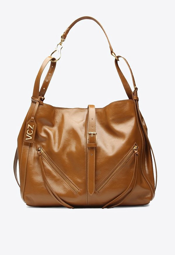 Bolsa Média Hobo Tiras Couro Alça Fivela Ziper Vicenza Camel