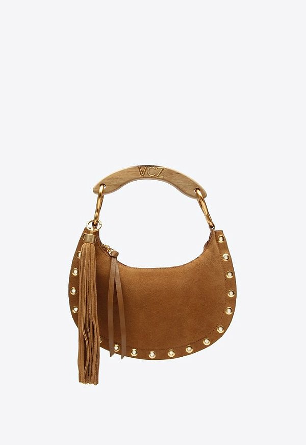 Bolsa Pequena Camurça Rebite Tiras Ziper Alça Madeira Vicenza Camel
