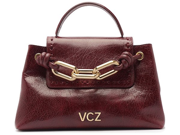 Bolsa Tote Média Couro Tiras Corrente Dourada Logo Vicenza Marsala