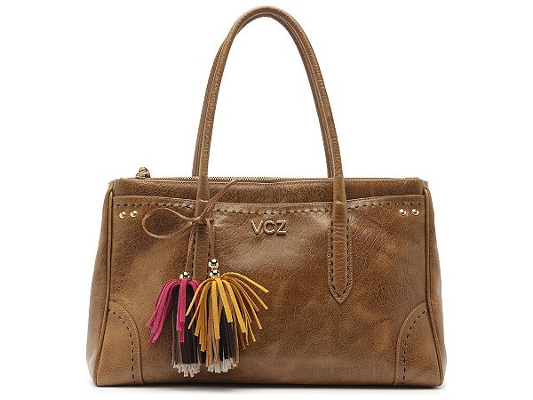 Bolsa Grande Tote Couro Tiras Ziper Logo Mania Vicenza Camel